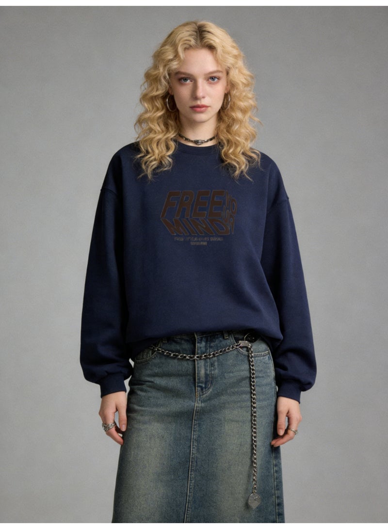 بيإم إنس BM INS Navy Blue "FREE YOUR MIND" Deconstructed Letter Oversized Crew Neck Sweatshirt | Unisex Streetwear Pullover With Slogan Print - Image 2